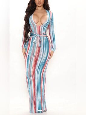 Fashion Nova Mind Of My Own Maxi Striped Deep V-Neck Maxi Dress Waist Tie Sz S